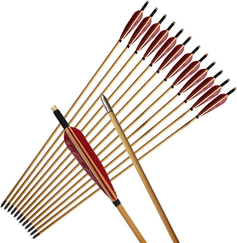 e5e10 33inch Wooden Arrows Handmade Tradition Target Arrows with Turkey Feather Fletching with Field Points for Recurve Bow Longbow Archery Practice 12PACK - Image 1